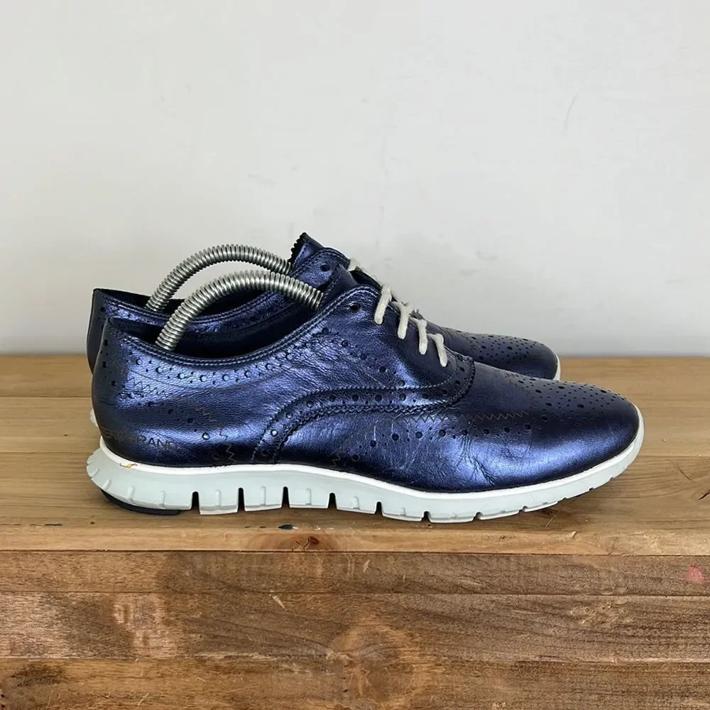 Cole Haan Grand Zeros blue metallic leather wing tip lace up loafers women’s 7